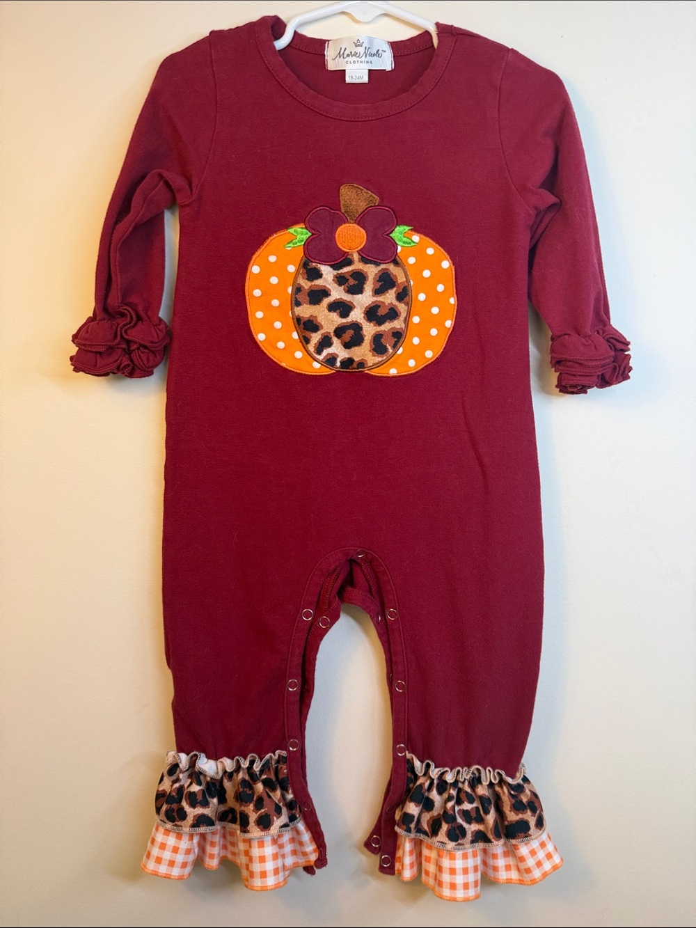 Marie Nichole Burgundy Pumpkin Applique Ruffle Baby One-Piece